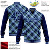 Custom Navy Light Blue-Neon Green Check Board 3D Pattern Design Bomber Full-Snap Varsity Letterman Jacket