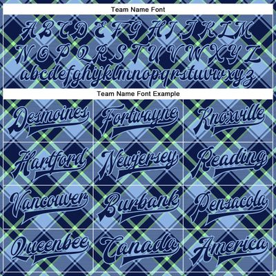 Custom Navy Light Blue-Neon Green Check Board 3D Pattern Design Bomber Full-Snap Varsity Letterman Jacket