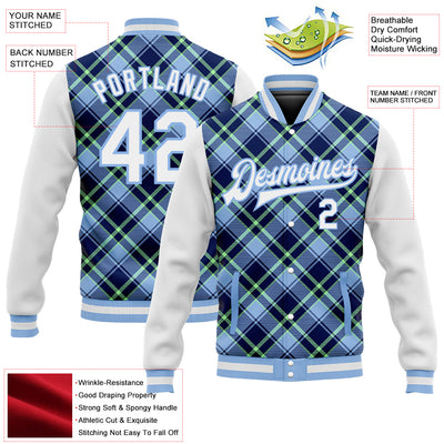 Custom Light Blue Navy-Neon Green Check Board 3D Pattern Design Bomber Full-Snap Varsity Letterman Jacket