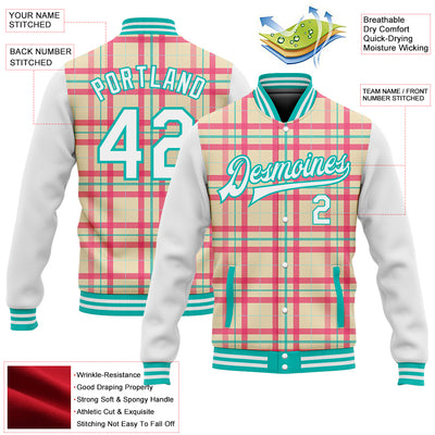 Custom Cream White-Aqua Check Board 3D Pattern Design Bomber Full-Snap Varsity Letterman Jacket