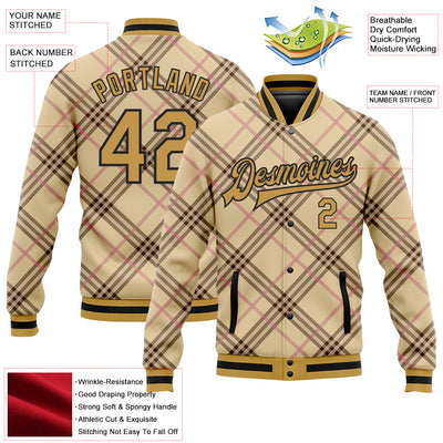 Custom City Cream Old Gold Black-Light Pink Check Board 3D Pattern Design Bomber Full-Snap Varsity Letterman Jacket