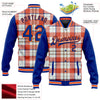 Custom Orange Royal-White Check Board 3D Pattern Design Bomber Full-Snap Varsity Letterman Jacket