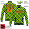 Custom Neon Green Bay Orange-Navy Check Board 3D Pattern Design Bomber Full-Snap Varsity Letterman Jacket