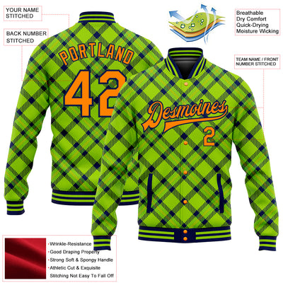 Custom Neon Green Bay Orange-Navy Check Board 3D Pattern Design Bomber Full-Snap Varsity Letterman Jacket