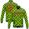 Custom Neon Green Bay Orange-Navy Check Board 3D Pattern Design Bomber Full-Snap Varsity Letterman Jacket