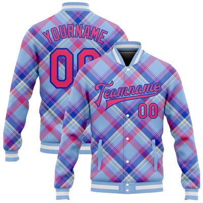 Custom Light Blue Neon Pink Thunder Blue-Cream Check Board 3D Pattern Design Bomber Full-Snap Varsity Letterman Jacket