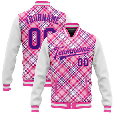 Custom Light Pink Purple-Pink Check Board 3D Pattern Design Bomber Full-Snap Varsity Letterman Jacket