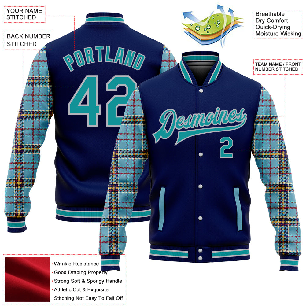 Custom Navy Teal Gray-Shadow Blue Classic Western Plaid 3D Pattern Design Bomber Full-Snap Varsity Letterman Jacket