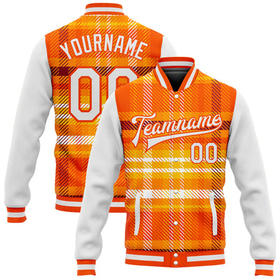 Custom Orange White Check Board 3D Pattern Design Bomber Full-Snap Varsity Letterman Jacket