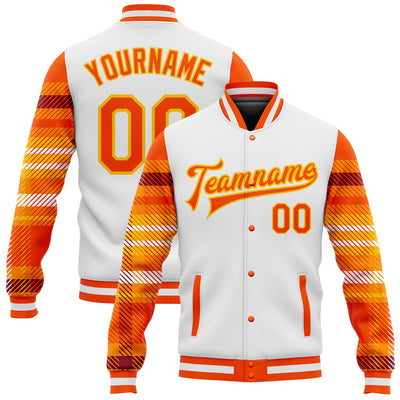 Custom White Orange-Gold Check Board 3D Pattern Design Bomber Full-Snap Varsity Letterman Jacket