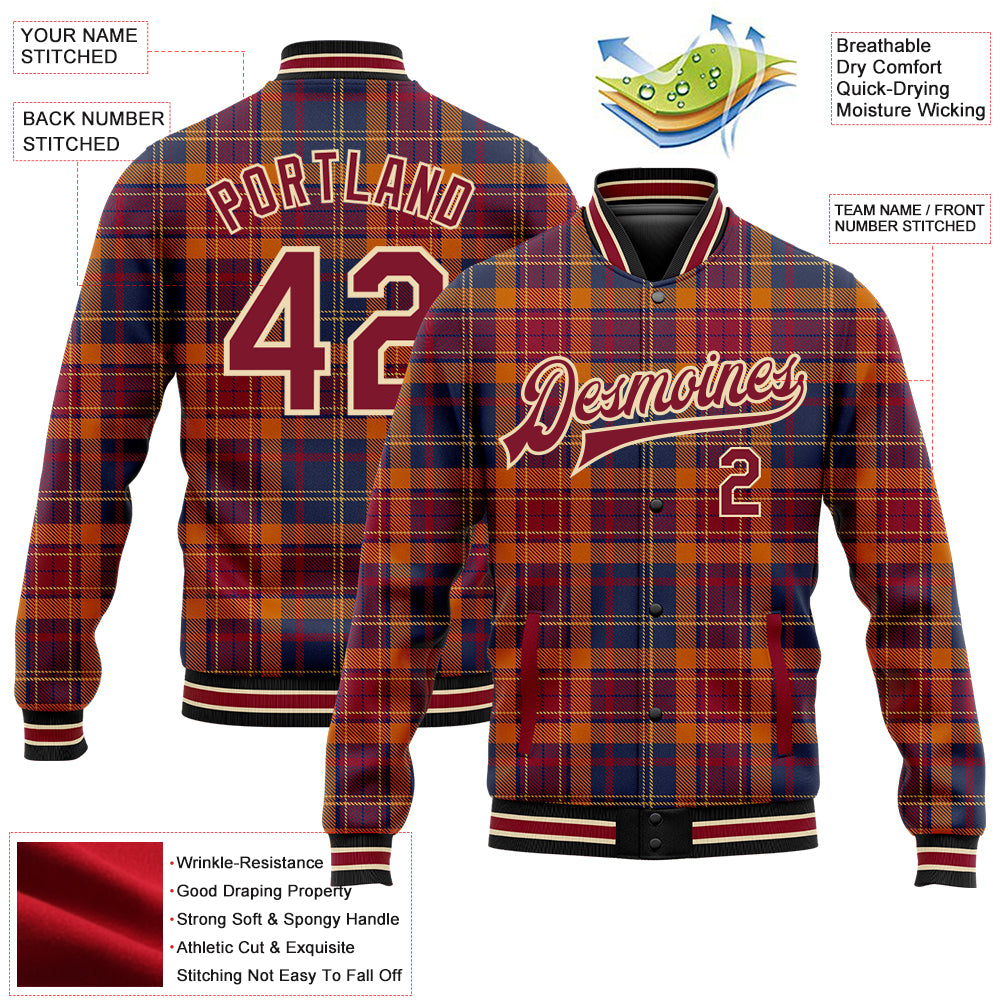 Custom Crimson Cream Black-City Cream Classic Western Plaid 3D Pattern Design Bomber Full-Snap Varsity Letterman Jacket