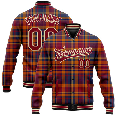 Custom Crimson Cream Black-City Cream Classic Western Plaid 3D Pattern Design Bomber Full-Snap Varsity Letterman Jacket