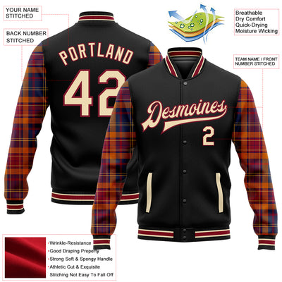 Custom Black Cream Crimson-City Cream Classic Western Plaid 3D Pattern Design Bomber Full-Snap Varsity Letterman Jacket