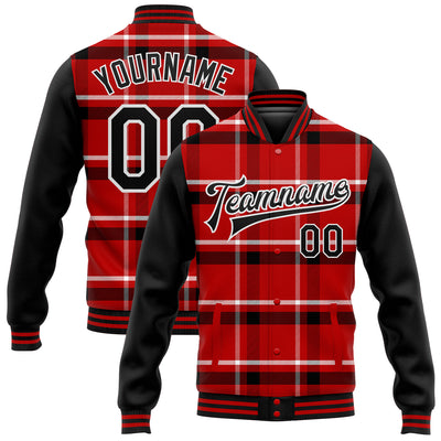 Custom Red Black-White Classic Western Plaid 3D Pattern Design Bomber Full-Snap Varsity Letterman Jacket