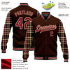 Custom Brown Crimson Vegas Gold Black-City Cream Classic Western Plaid 3D Pattern Design Bomber Full-Snap Varsity Letterman Jacket