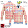 Custom Medium Pink White-Light Blue Classic Western Plaid 3D Pattern Design Bomber Full-Snap Varsity Letterman Jacket