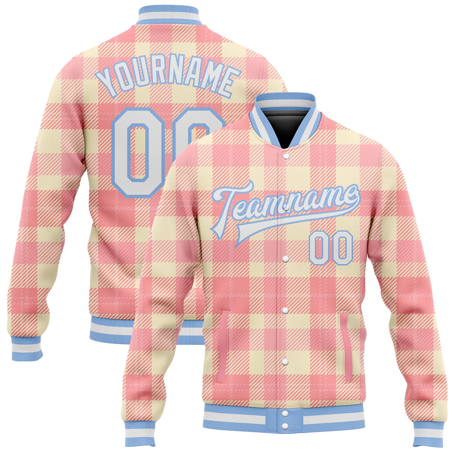 Custom Medium Pink White-Light Blue Classic Western Plaid 3D Pattern Design Bomber Full-Snap Varsity Letterman Jacket