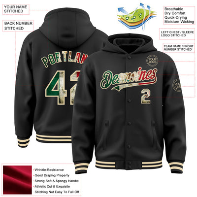 Custom Black Vintage Mexican Flag-Cream Bomber Full-Snap Varsity Letterman Hoodie Jacket