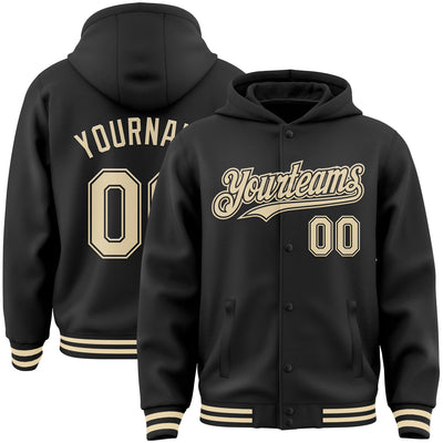 Custom Black Cream Bomber Full-Snap Varsity Letterman Hoodie Jacket