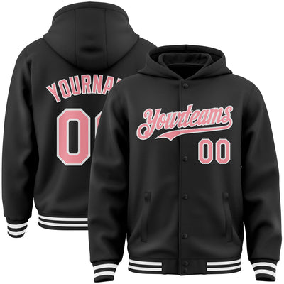 Custom Black Medium Pink-White Bomber Full-Snap Varsity Letterman Hoodie Jacket