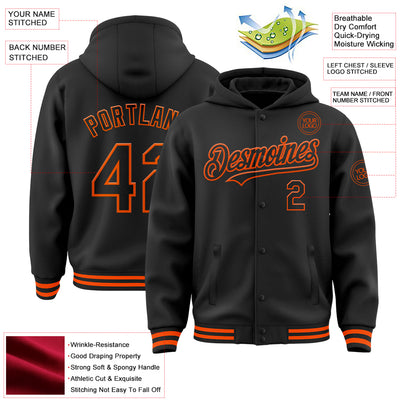 Custom Black Orange Bomber Full-Snap Varsity Letterman Hoodie Jacket