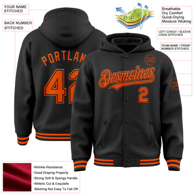 Custom Black Orange Bomber Full-Snap Varsity Letterman Hoodie Jacket