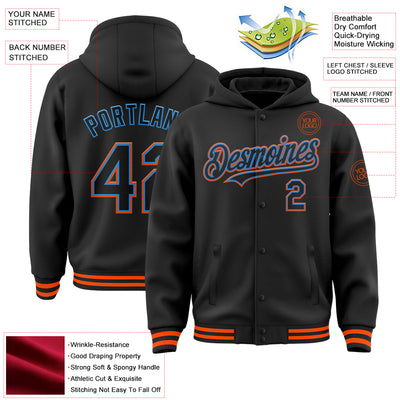 Custom Black Powder Blue-Orange Bomber Full-Snap Varsity Letterman Hoodie Jacket