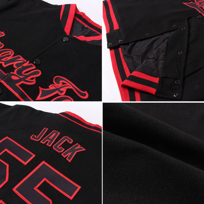 Custom Black Old Gold-Red Bomber Full-Snap Varsity Letterman Hoodie Jacket