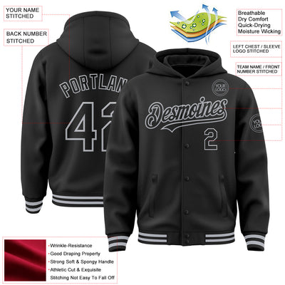 Custom Black Gray Bomber Full-Snap Varsity Letterman Hoodie Jacket