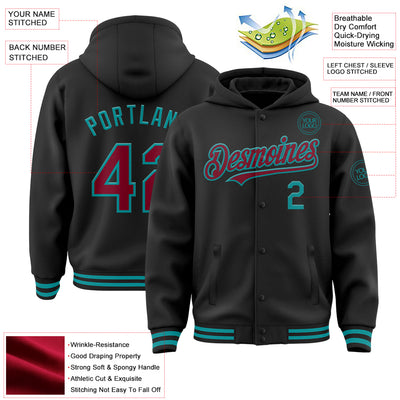 Custom Black Crimson-Teal Bomber Full-Snap Varsity Letterman Hoodie Jacket