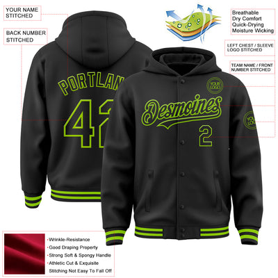 Custom Black Neon Green Bomber Full-Snap Varsity Letterman Hoodie Jacket