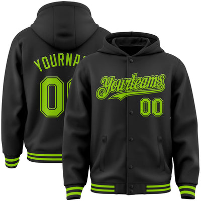 Custom Black Neon Green Bomber Full-Snap Varsity Letterman Hoodie Jacket