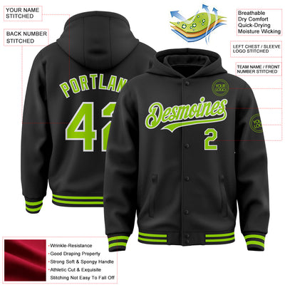 Custom Black Neon Green-White Bomber Full-Snap Varsity Letterman Hoodie Jacket