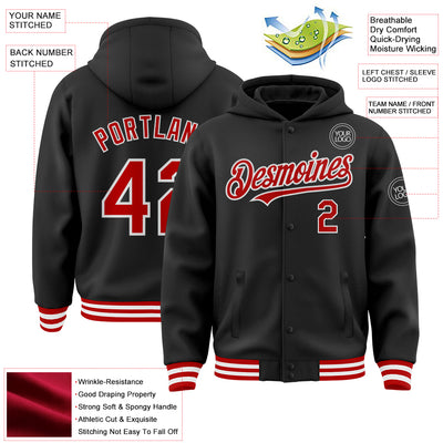 Custom Black Red-White Bomber Full-Snap Varsity Letterman Hoodie Jacket