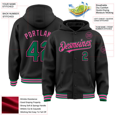 Custom Black Kelly Green-Pink Bomber Full-Snap Varsity Letterman Hoodie Jacket