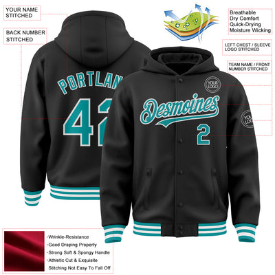 Custom Black Teal-White Bomber Full-Snap Varsity Letterman Hoodie Jacket