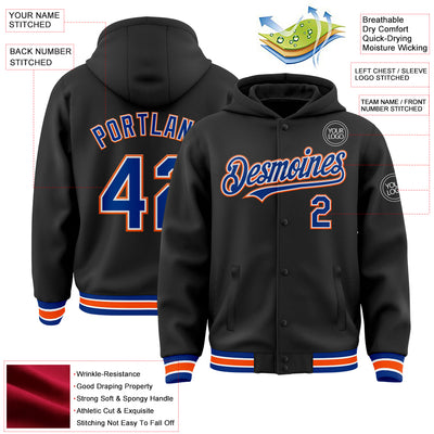 Custom Black Royal-Orange Bomber Full-Snap Varsity Letterman Hoodie Jacket