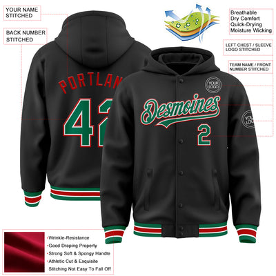 Custom Black Kelly Green-Red Bomber Full-Snap Varsity Letterman Hoodie Jacket