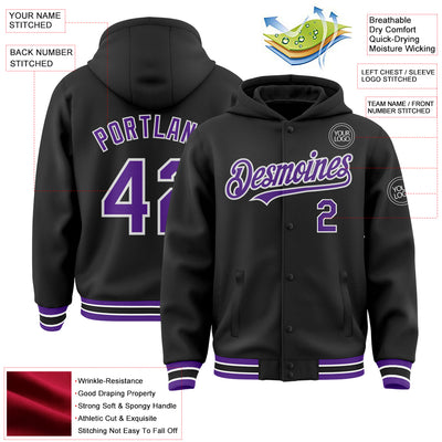 Custom Black Purple-White Bomber Full-Snap Varsity Letterman Hoodie Jacket