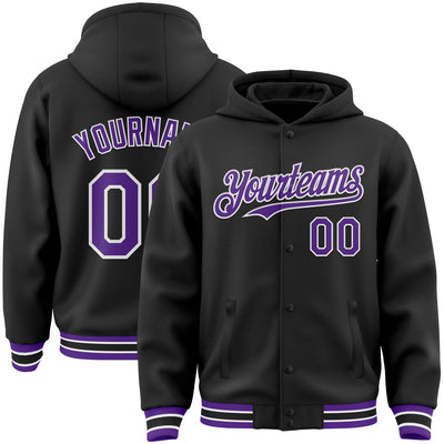 Custom Black Purple-White Bomber Full-Snap Varsity Letterman Hoodie Jacket