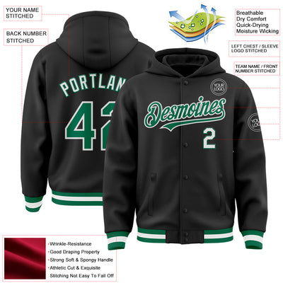 Custom Black Kelly Green-White Bomber Full-Snap Varsity Letterman Hoodie Jacket