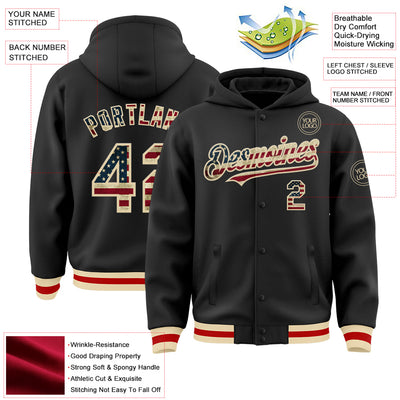 Custom Black Vintage USA Flag Cream-Red Bomber Full-Snap Varsity Letterman Hoodie Jacket