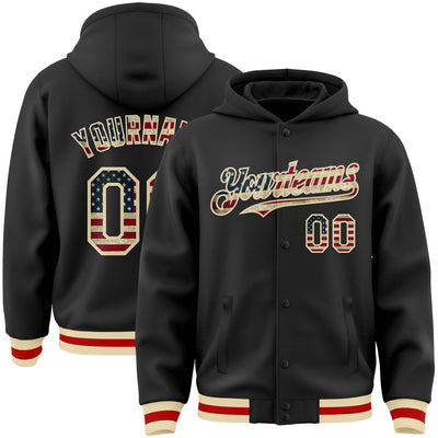 Custom Black Vintage USA Flag Cream-Red Bomber Full-Snap Varsity Letterman Hoodie Jacket