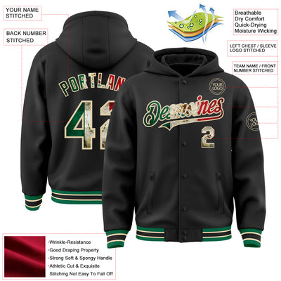 Custom Black Vintage Mexican Flag Cream-Kelly Green Bomber Full-Snap Varsity Letterman Hoodie Jacket