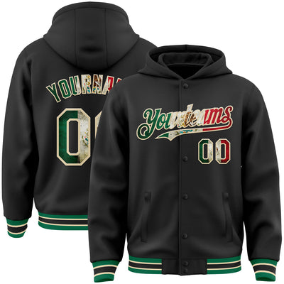 Custom Black Vintage Mexican Flag Cream-Kelly Green Bomber Full-Snap Varsity Letterman Hoodie Jacket