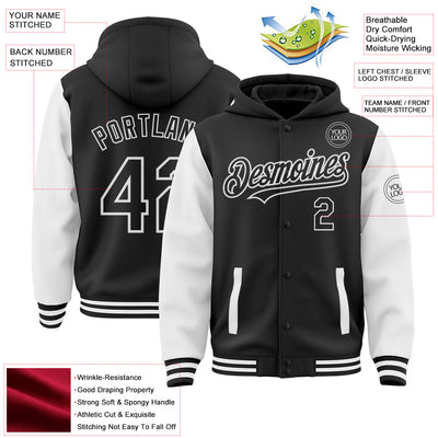 Custom Black White Bomber Full-Snap Varsity Letterman Two Tone Hoodie Jacket