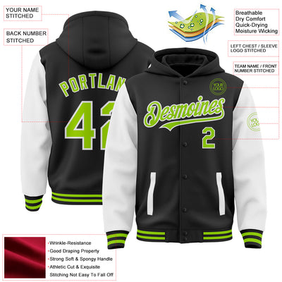 Custom Black Neon Green-White Bomber Full-Snap Varsity Letterman Two Tone Hoodie Jacket