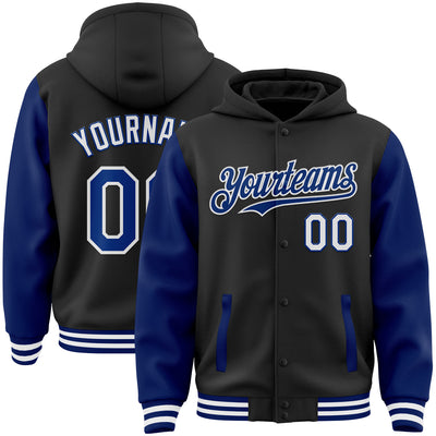 Custom Black Royal-White Bomber Full-Snap Varsity Letterman Two Tone Hoodie Jacket