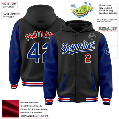 Custom Black Royal-Red Bomber Full-Snap Varsity Letterman Two Tone Hoodie Jacket