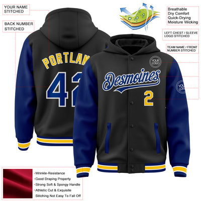 Custom Black Royal-Yellow Bomber Full-Snap Varsity Letterman Two Tone Hoodie Jacket